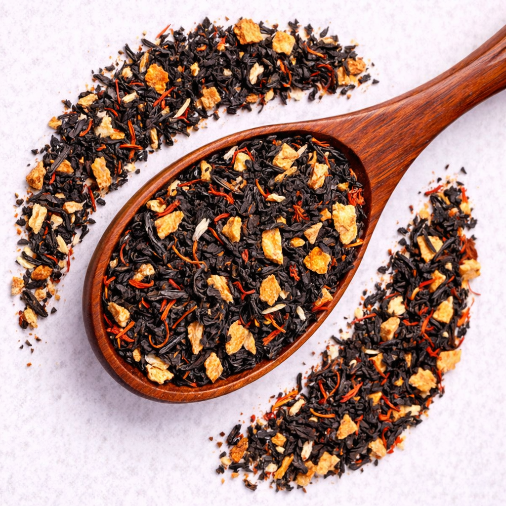 Wooden spoon filled with black tea leaves on a light background
