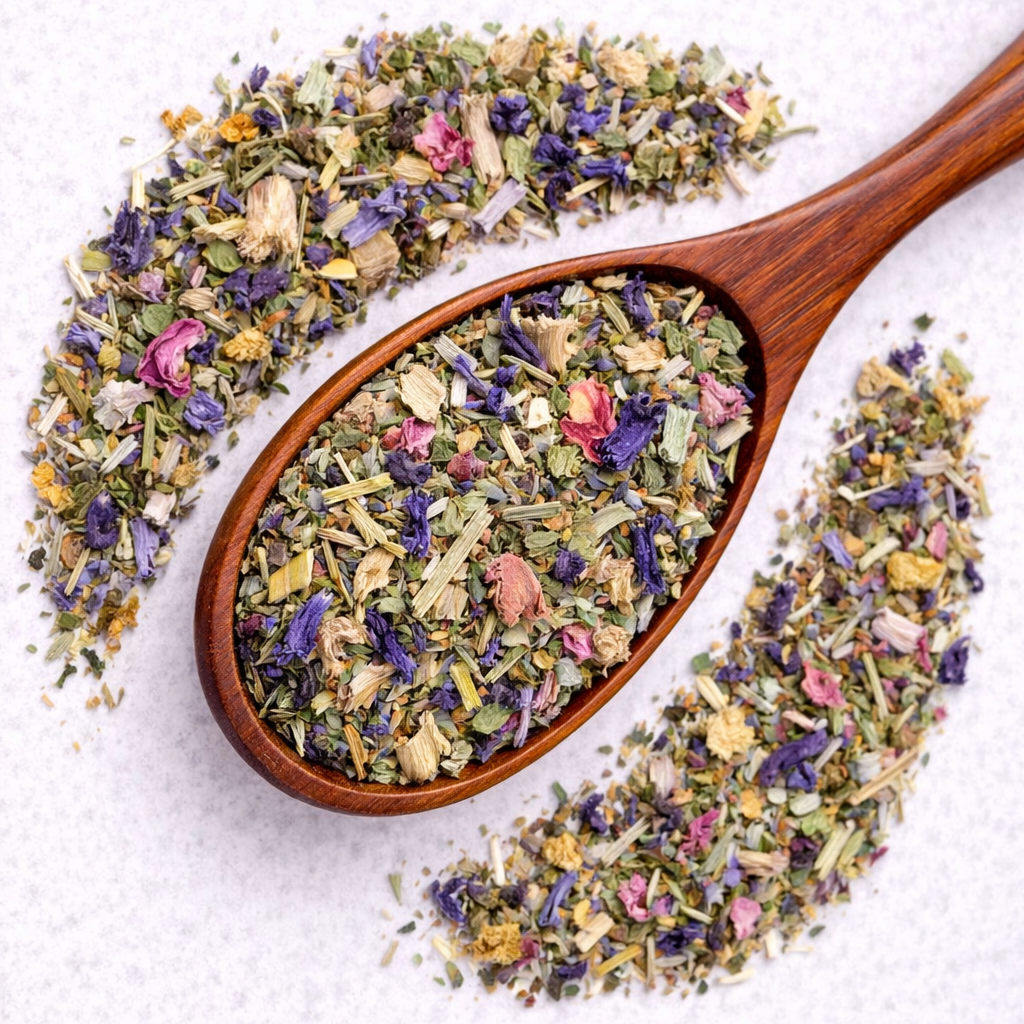 Wooden spoon filled with a mix of dried herbs and flowers on a light background