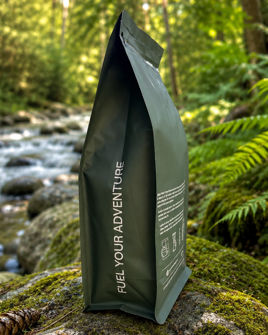 A dark olive green stand-up pouch labeled 'FUEL YOUR ADVENTURE' standing on a mossy rock beside a flowing forest stream.
