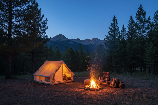 camping with tent and fire