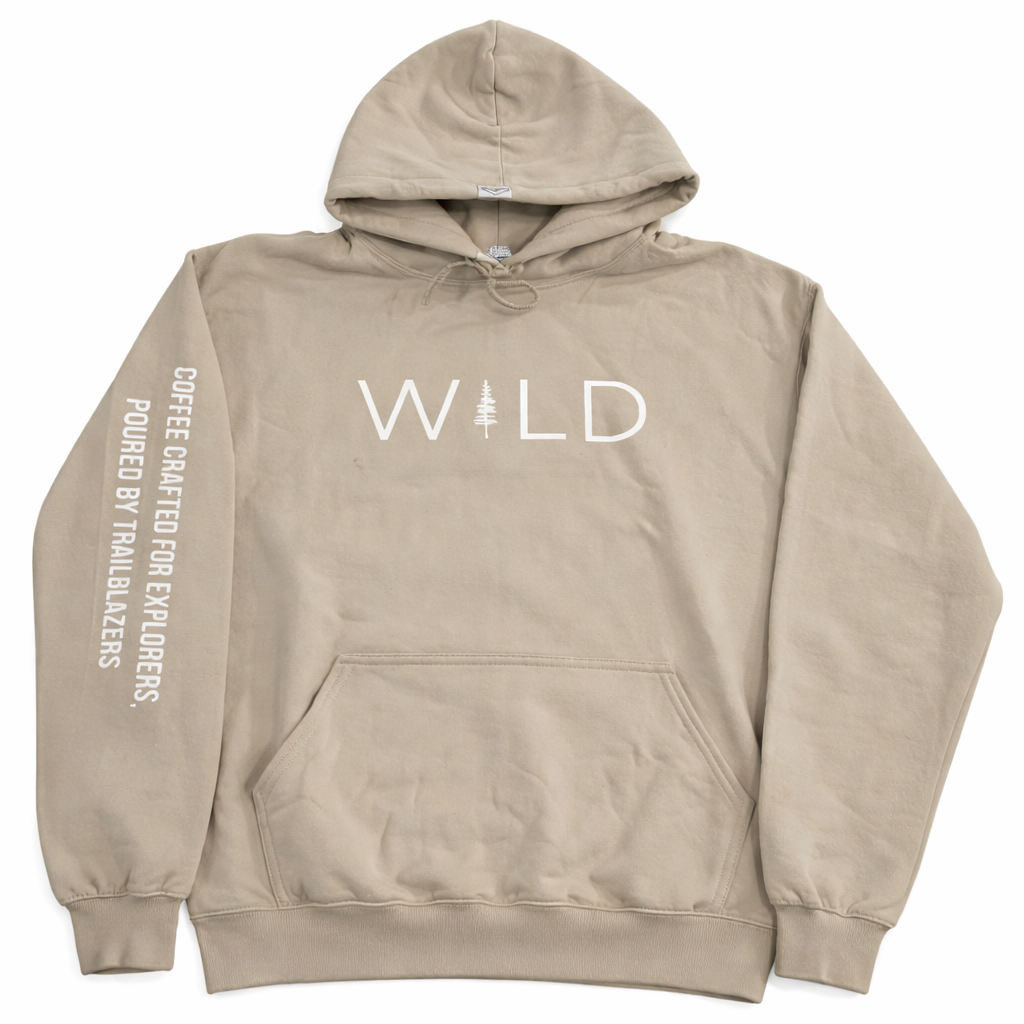 Beige hoodie with 'WILD' text on a white background