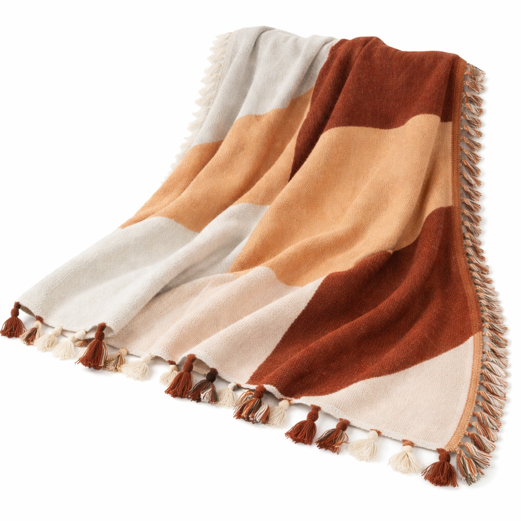 Color-blocked blanket with tassels on a white background