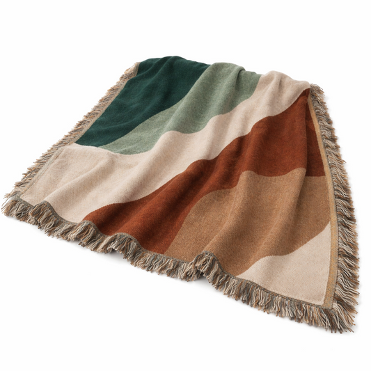 Colorful striped blanket with fringes on a white background