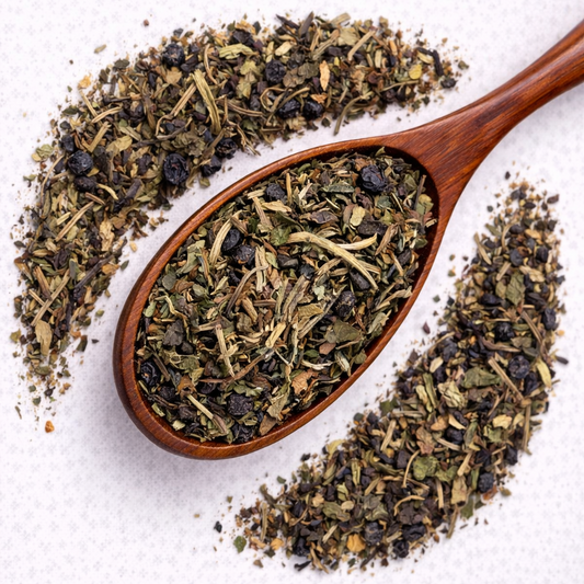 Wooden spoon filled with dried herbs and spices on a white background