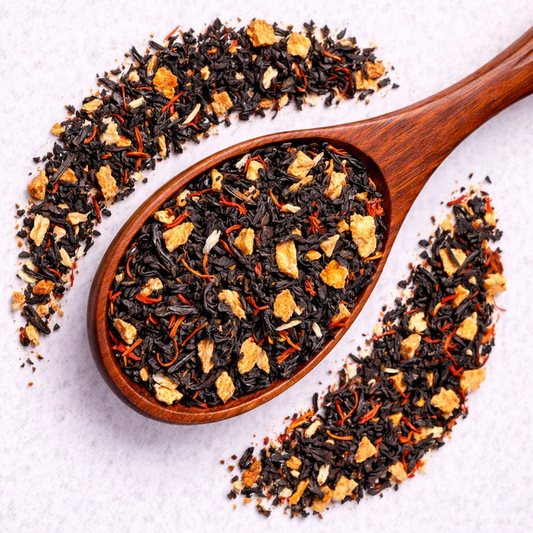 Wooden spoon filled with black tea leaves on a light background