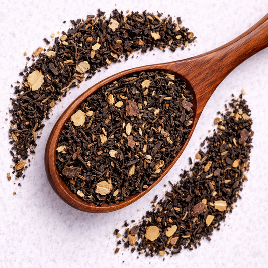 Wooden spoon filled with black tea leaves on a light background
