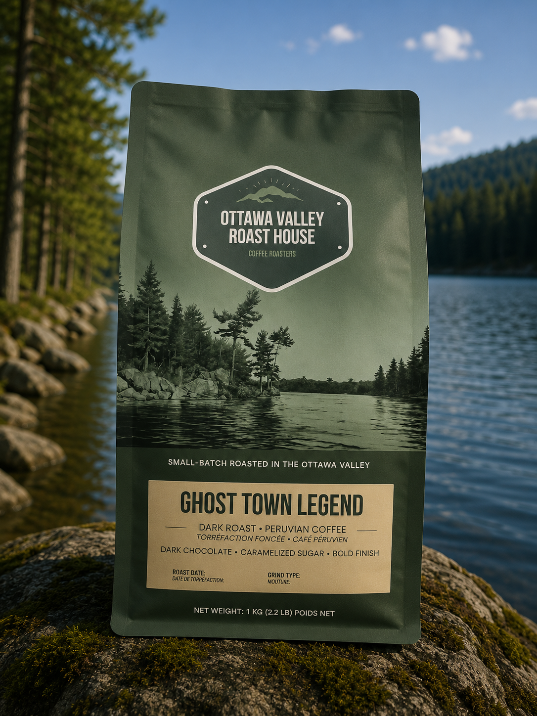 A bag of Ottawa Valley Roast House Ghost Town Legend coffee stands upright on a mossy rock with a lake and forest landscape in the background.