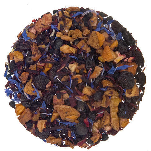 Assorted dried fruit and herb tea mix on a white background