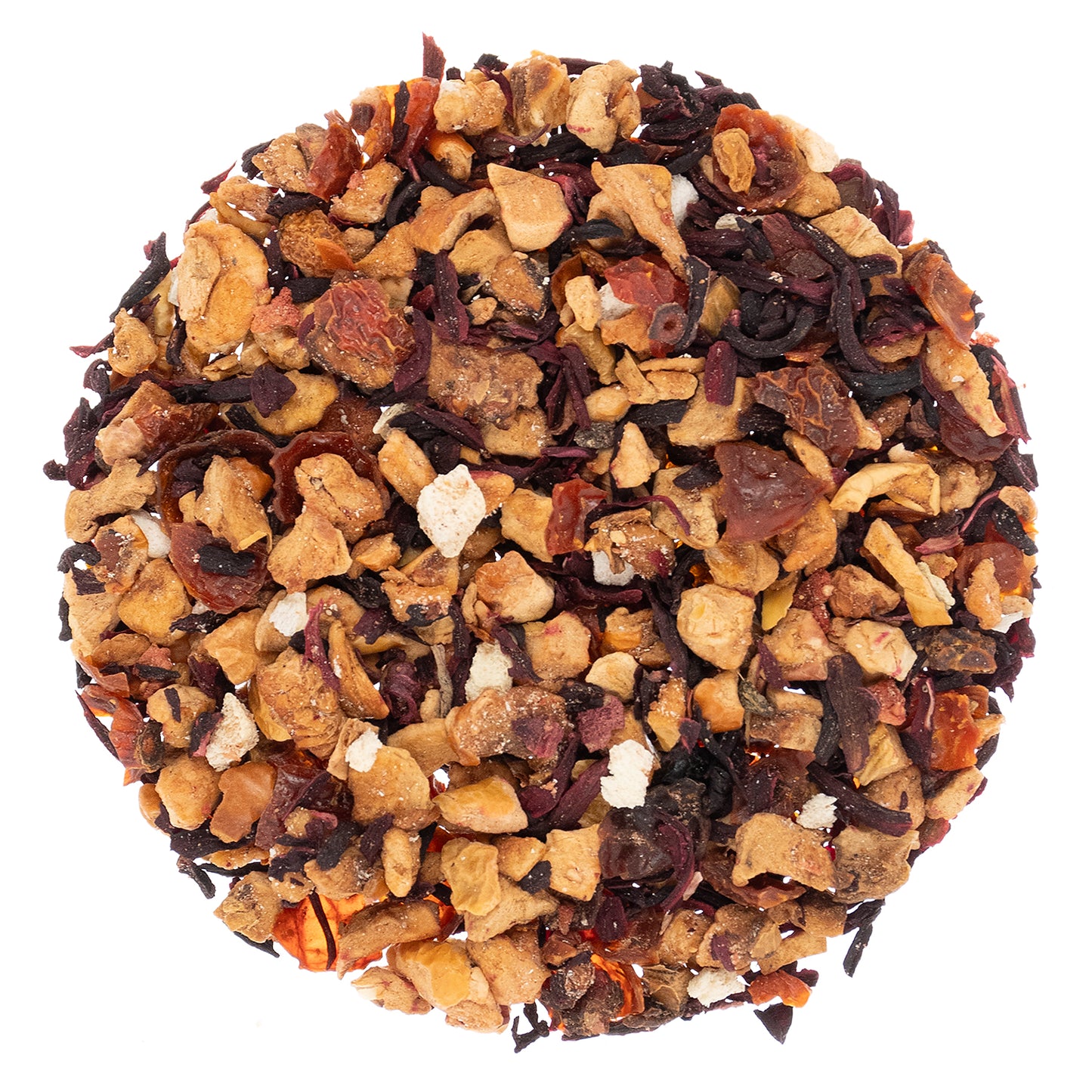 Tea ball with a mix of dried fruits and herbs on a white background