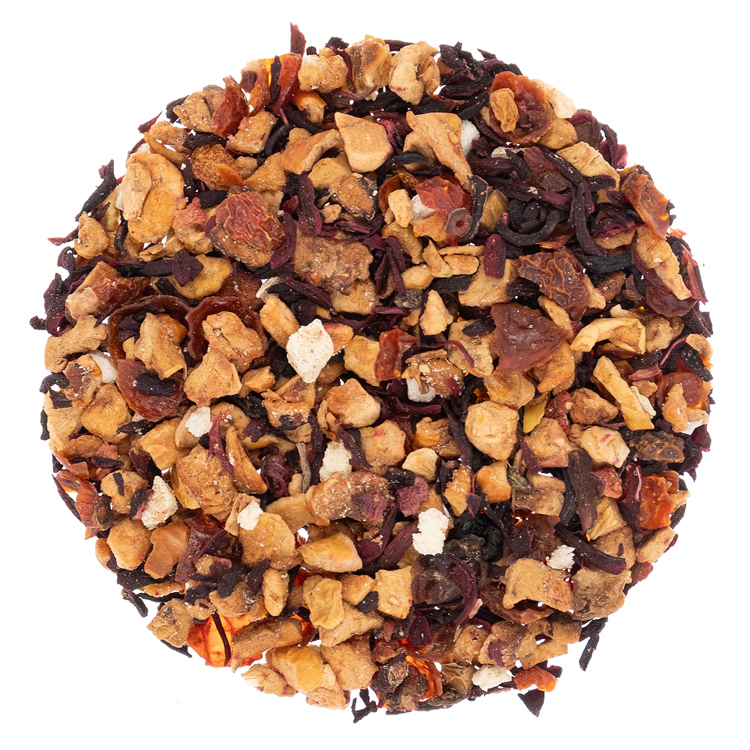 Tea ball with a mix of dried fruits and herbs on a white background