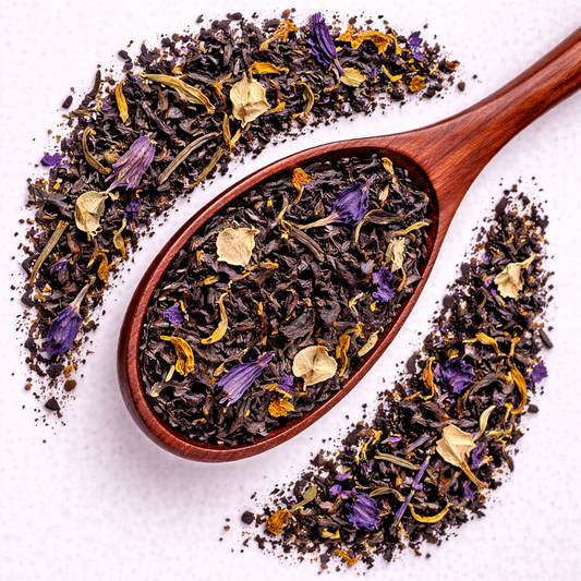 Wooden spoon filled with dried black tea leaves and flowers on a white background