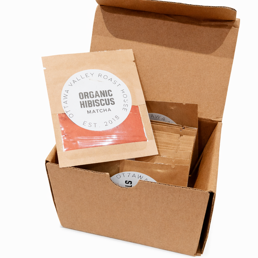 Box of Organic Hibiscus Matcha with visible branding on a white background