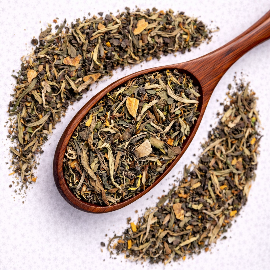 Wooden spoon filled with dry tea leaves on a white background