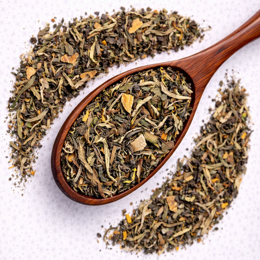 Wooden spoon filled with dry tea leaves on a white background