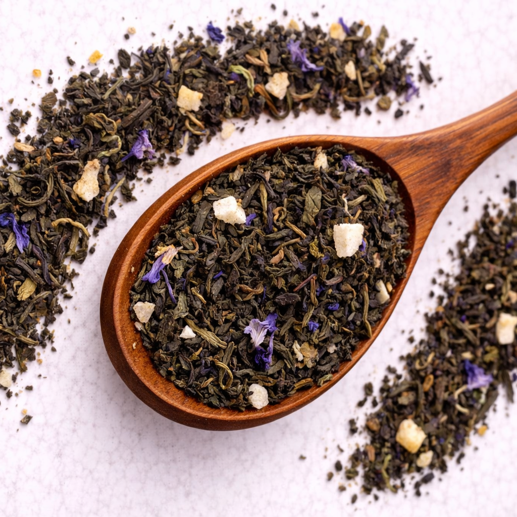 Wooden spoon filled with green tea leaves and purple flowers on a white background