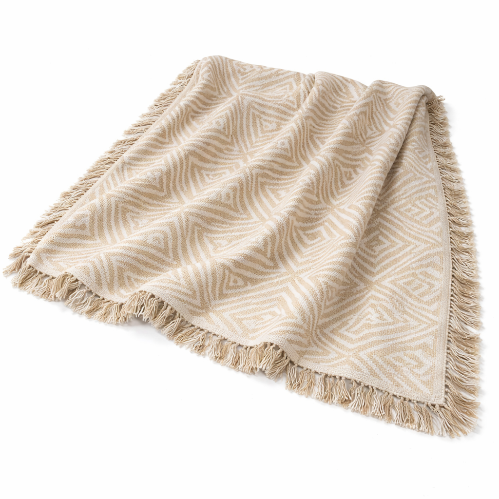 Beige woven blanket with fringes on a white background