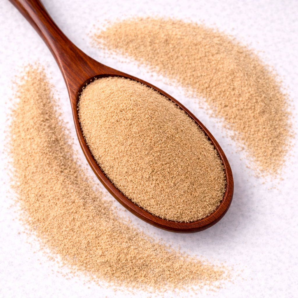 Wooden spoon filled with brown powder on a white background