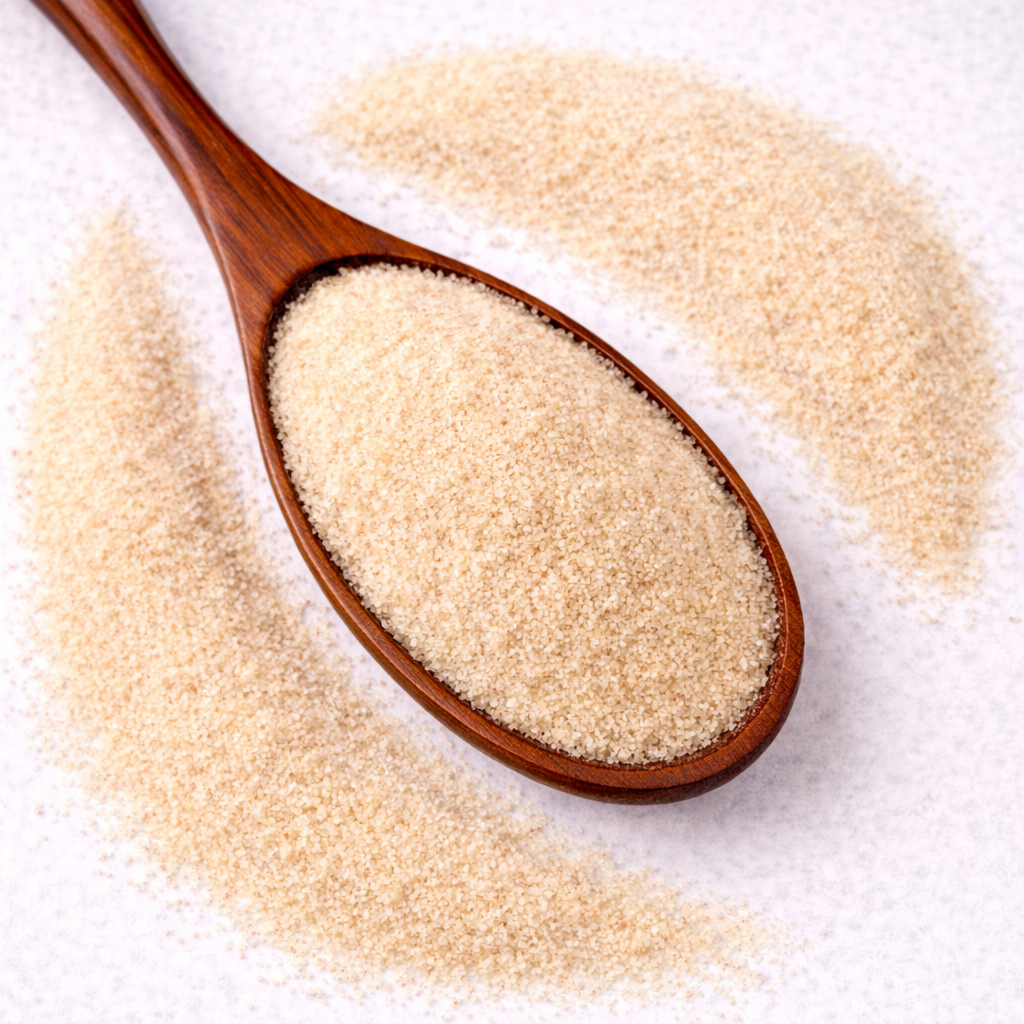 Wooden spoon filled with brown sugar on a white background