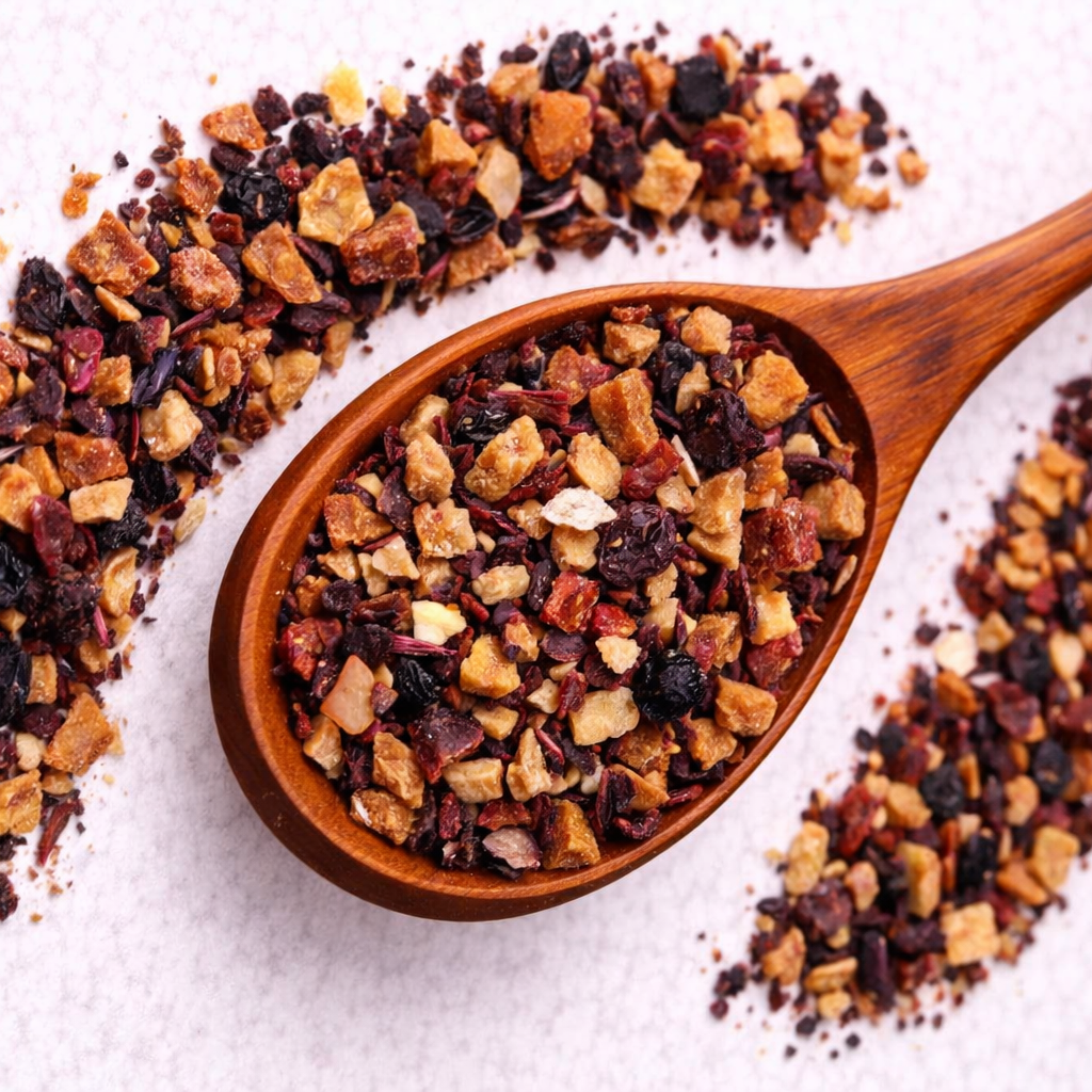 Wooden spoon filled with a mixture of dried fruits and spices on a light background