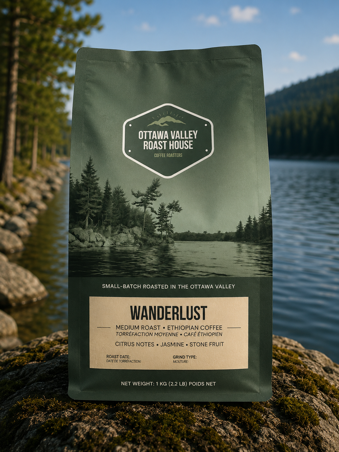 A stand-up coffee bag labeled Ottawa Valley Roast House Wanderlust, placed outdoors on a rock with a lake and forest in the background.
