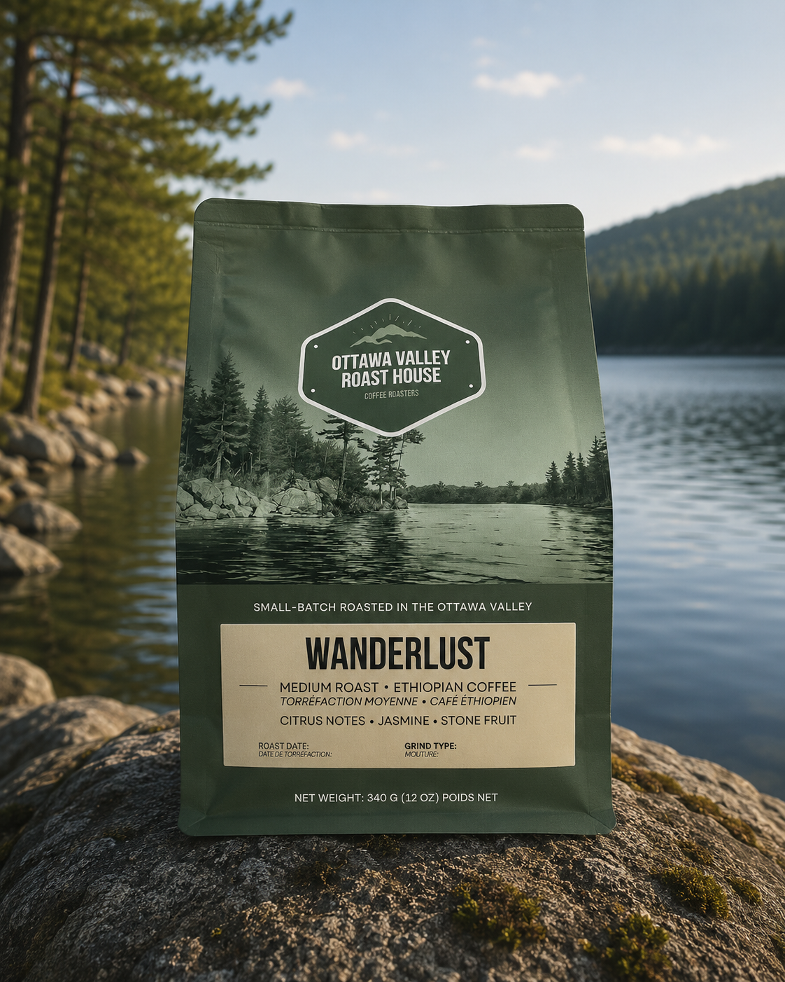 A bag of Ottawa Valley Roast Horse Wanderlust coffee stands on a large rock in front of a scenic lake and forest background.