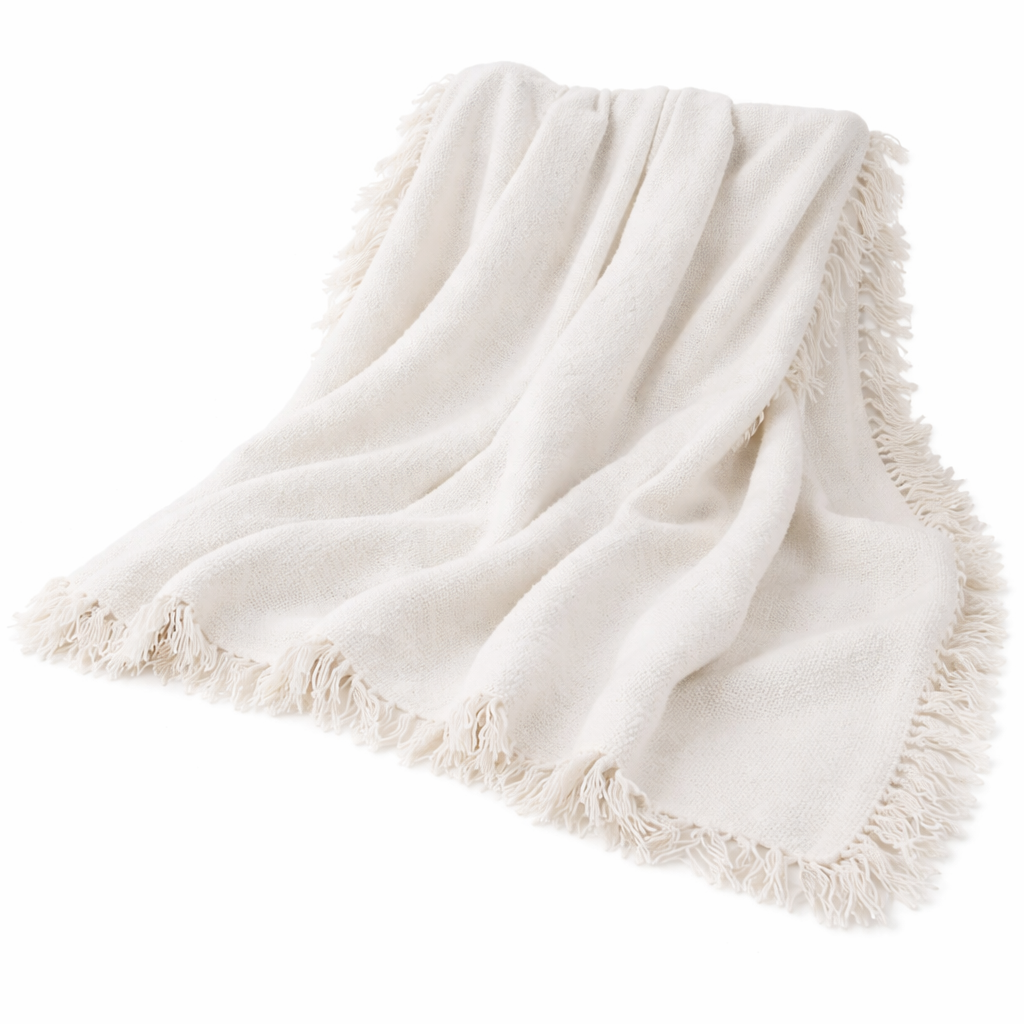 White blanket with frayed edges on a white background