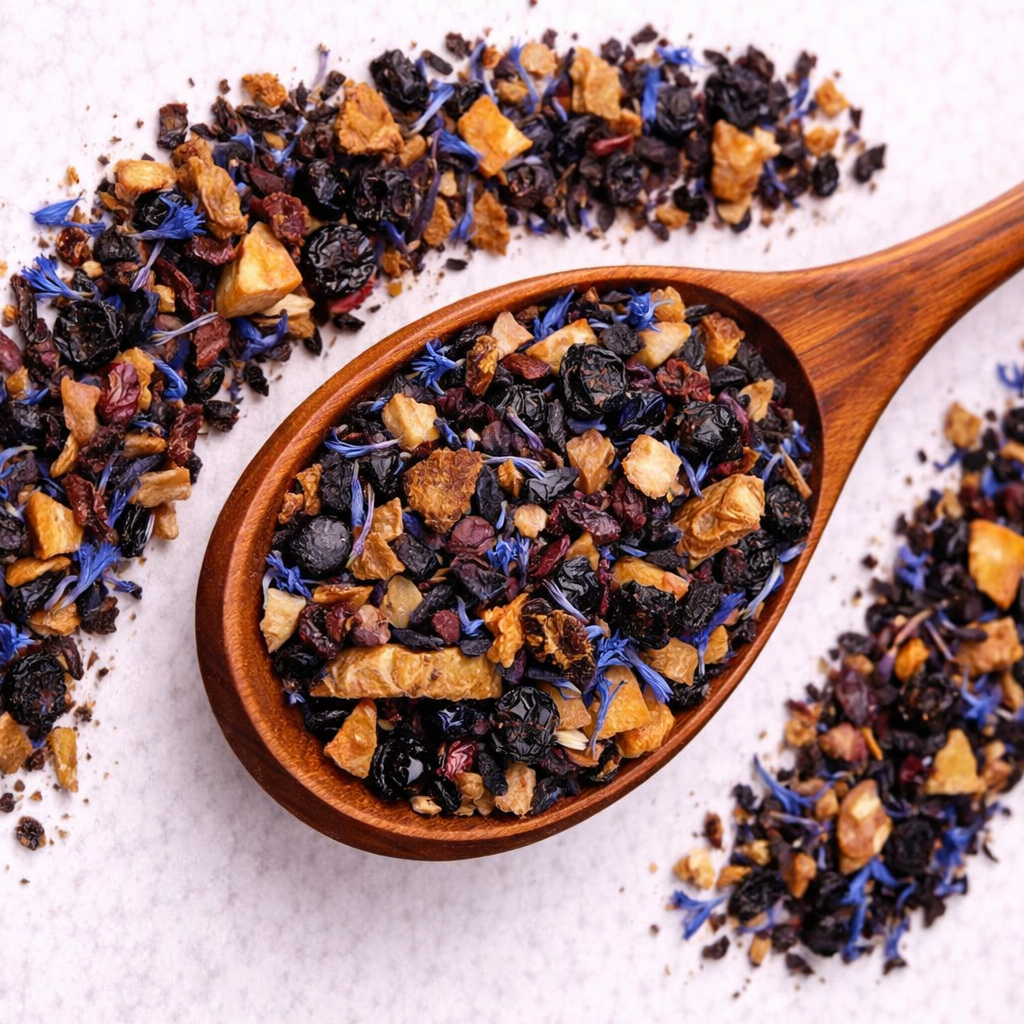 Wooden spoon filled with a mix of dried tea leaves on a white background