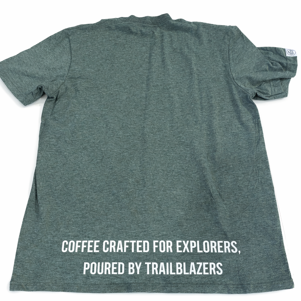 Green t-shirt with text on the back on a white background