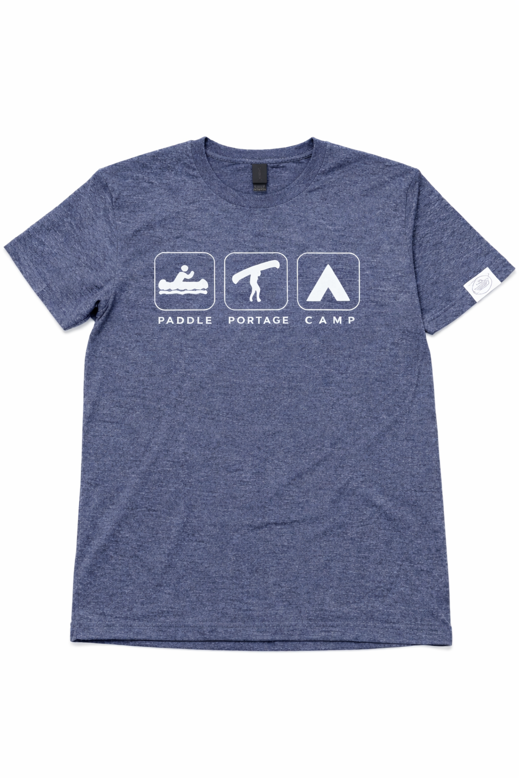 Blue t-shirt with white graphic and text on a white background