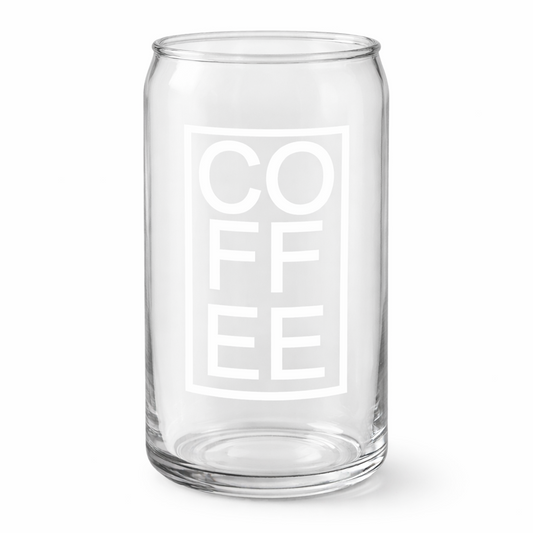 Clear glass can with 'COFFEE' text on a white background