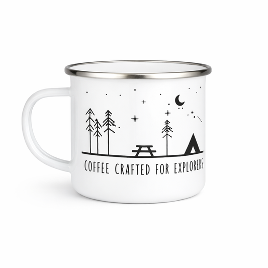 White mug with camping-themed design and text on a white background