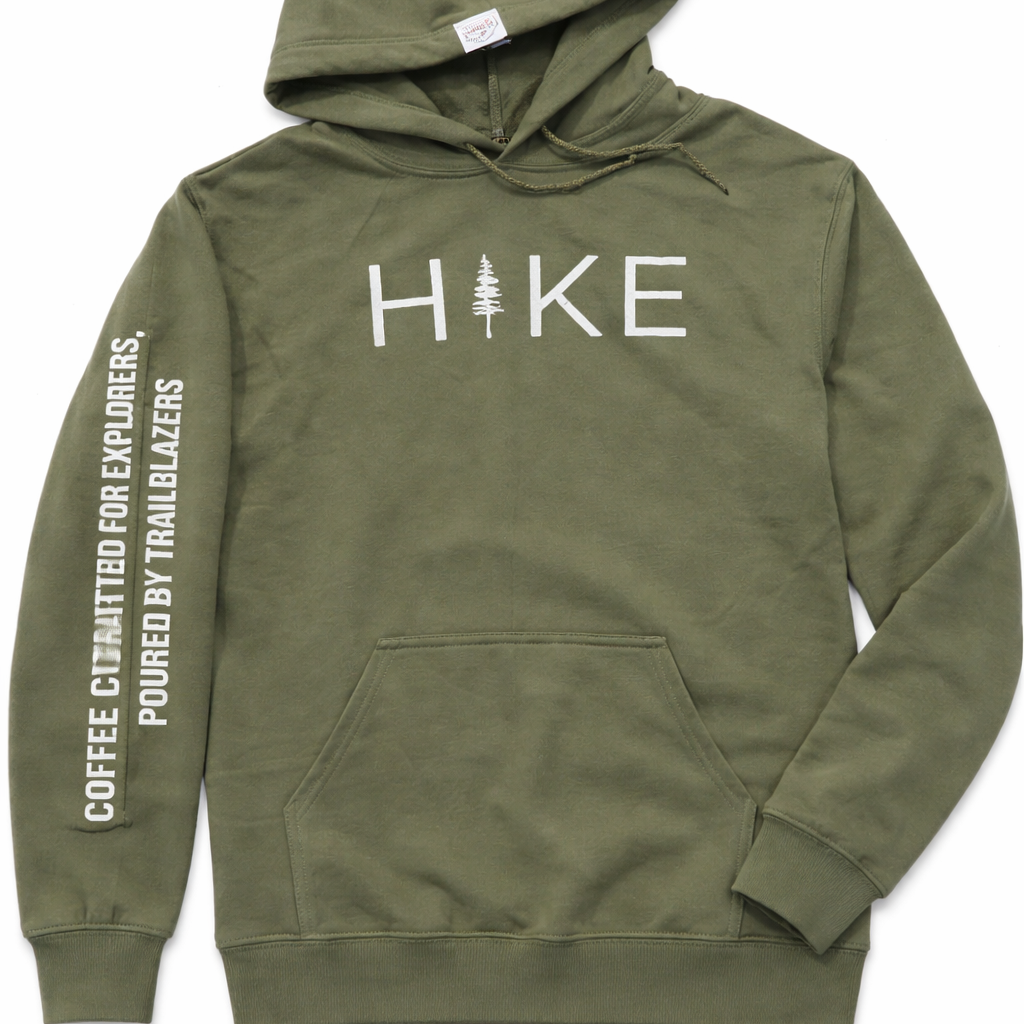 Green hoodie with 'Hike' text on a white background