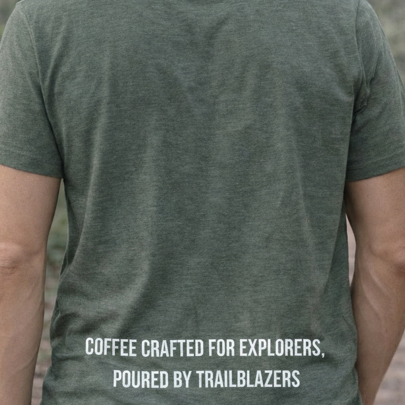 Person wearing a green t-shirt with text on the back, standing outdoors.