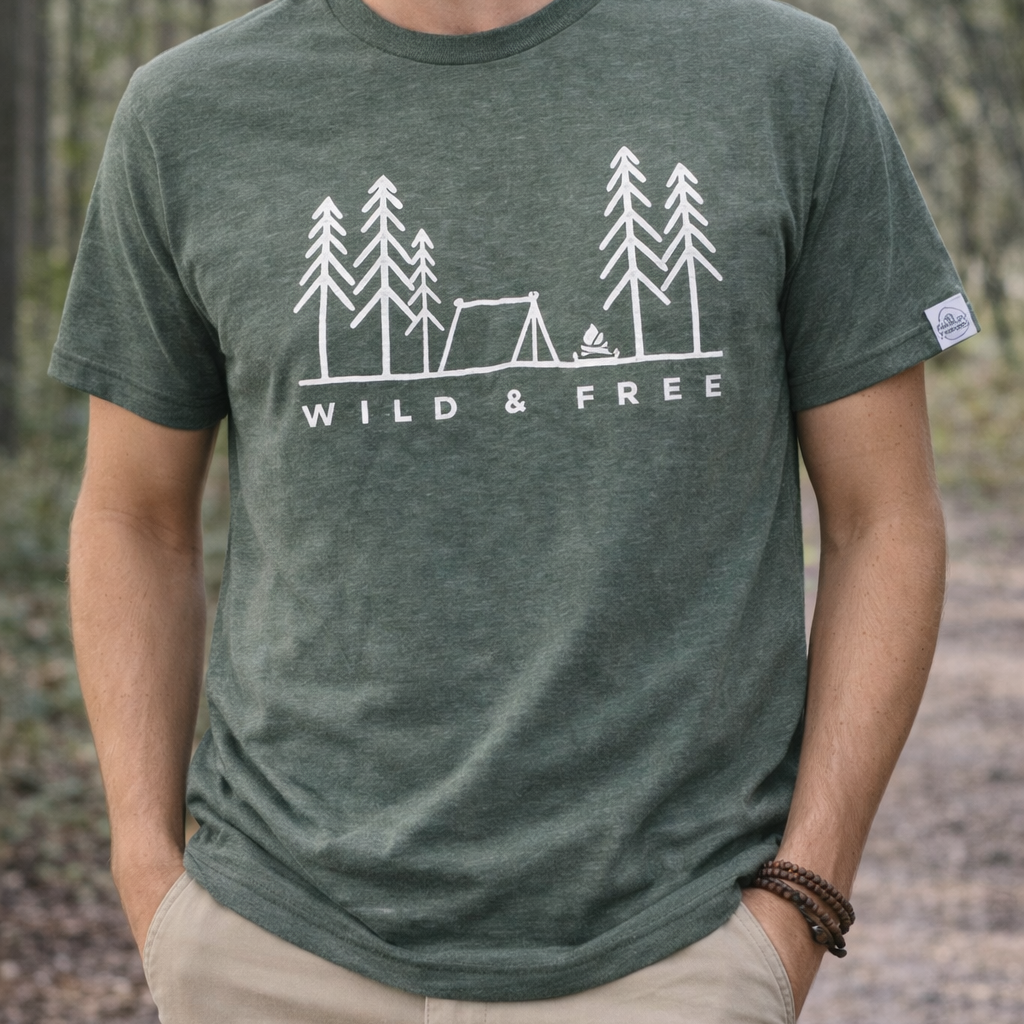 Man wearing a green t-shirt with 'Wild & Free' graphic in a forest setting