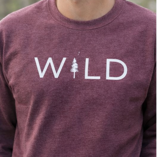 Maroon sweatshirt with 'WILD' logo featuring a tree on a blurred background