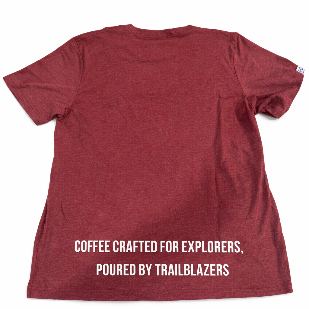 Red t-shirt with white text on a white background