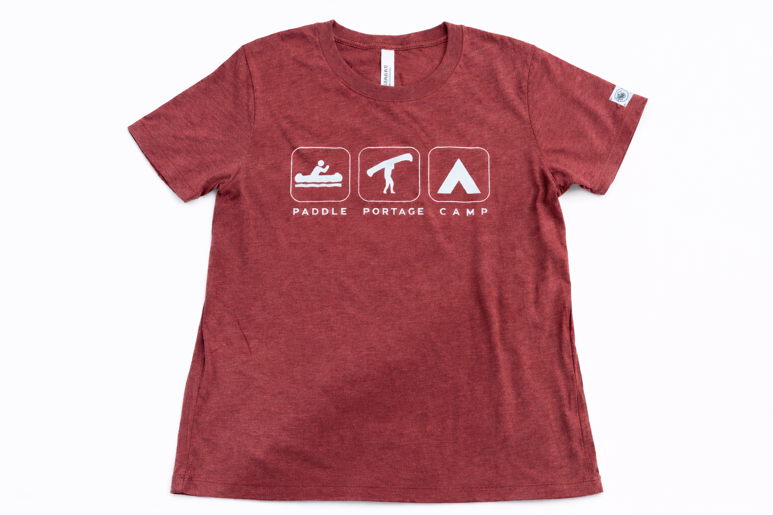 Red t-shirt with white graphic and text on a white background