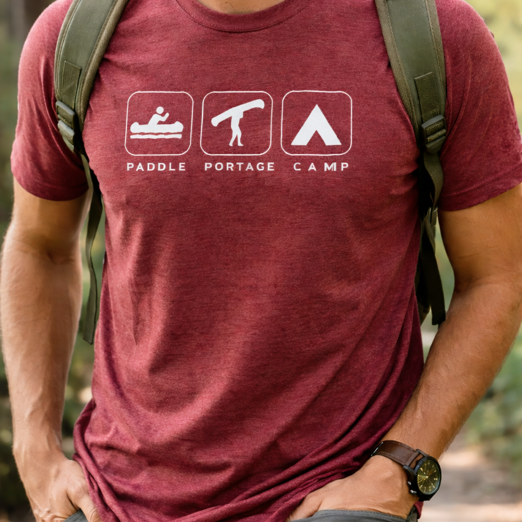 Man wearing a red t-shirt with camping graphics and text, standing outdoors.